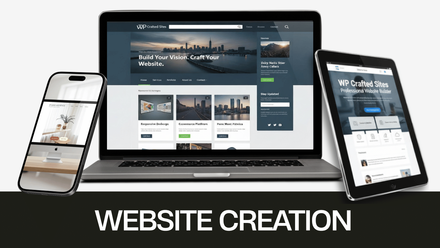 WP-Crafted-Sites-Responsive-Design-and-Creation Website design displayed on a laptop, tablet, and smartphone to show responsive design | WP Crafted Sites Website Build